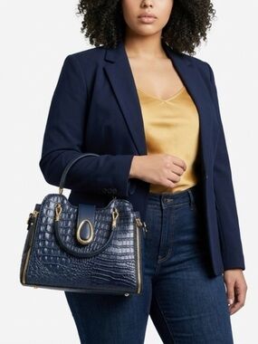 SHEIN Navy Croc-Embossed Top-Handle Satchel with Gold Accents